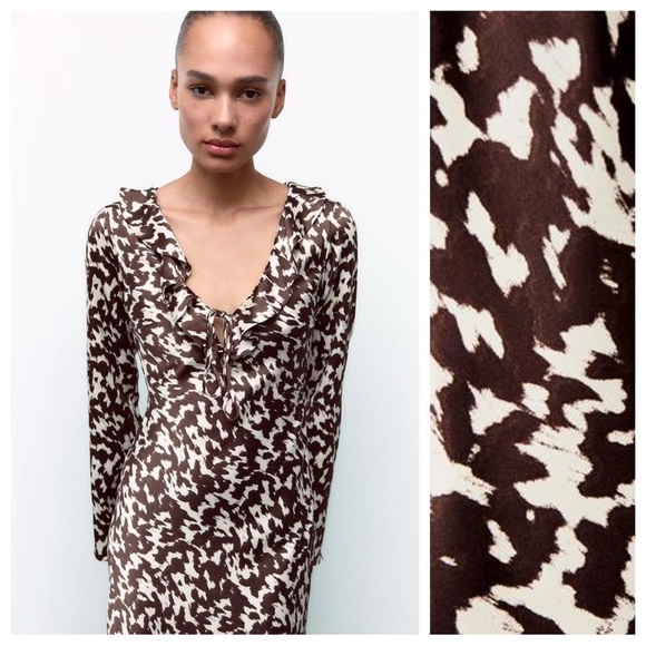 NWT. Zara Brown/Cream Printed Satin Effect Midi Dress with Ruffles. Size XXL. - Picture 2 of 12